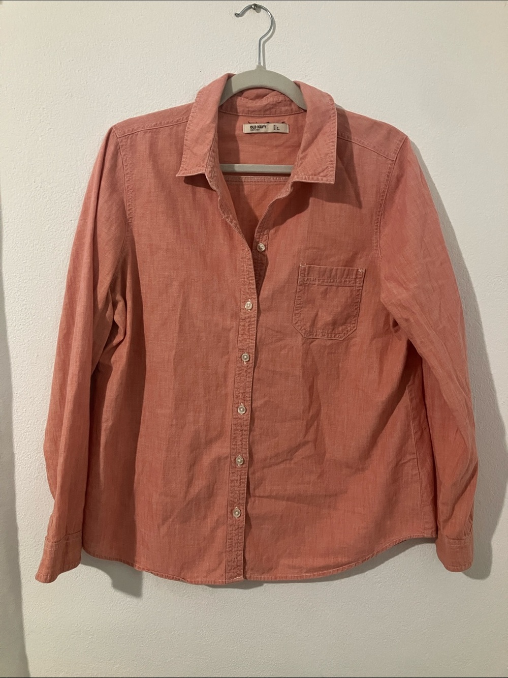 Old Navy Washed Coral Pink Button-Down Long Sleeve Cotton Collared Shirt